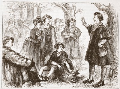 Wittembergin opiskelija saarnaa lehmusniityllä, esimerkki James Aitken Wylien (1808-1890) Protestantismin historiasta, pub. 1878 tekijältä English School