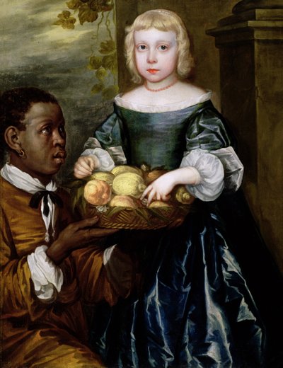Nuorelle tytölle palvelija tarjosi hedelmäkorin, n. 1650 tekijältä English School
