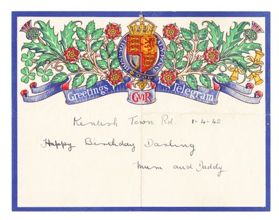 Syntymäpäivän tervehdyssähke, n. 1942 (väri litho) tekijältä English School