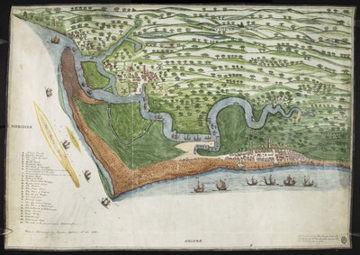 Värillinen faksikopio lintuperspektiivistä tai kartasta Suffolkin rannikolta Aldertonista Aldboroughiin, mukaan lukien Orford Ness (vellum) tekijältä English School