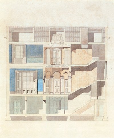 Poikkileikkaussuunnittelu klassiseen kaupunkitalon sisustukseen, n. 1840 (wc kynällä ja musteella) tekijältä English School