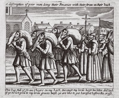 Kuvaus köyhistä miehistä, jotka tekevät katumusta oljet selässään, John Foxen kuvitus teoksesta Apostolien teot ja monumentit, yhdeksäs painos, pubi. 1684 tekijältä English School