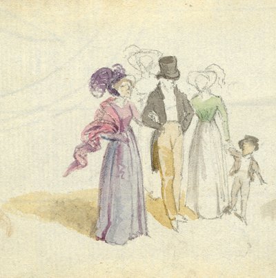 Perhe kävelyllä, n. 1825 (wc paperilla) tekijältä English School