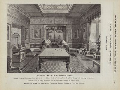 Harrodsin varusteltu biljardihuone (litho) tekijältä English School