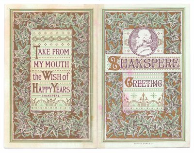 Etu- ja takakannen viktoriaaninen onnittelukortti William Shakespearen kuvasta, n. 1880 (värilitho) tekijältä English School
