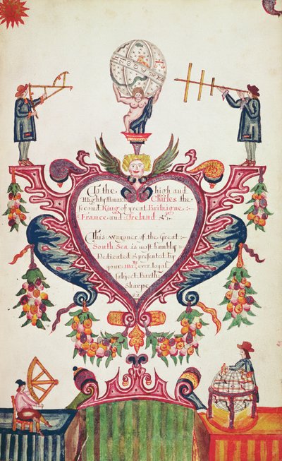 Kaarle II:lle omistettu Bartholomew Sharpin lahja, n. 1681 (kynä, muste ja wc) tekijältä English School