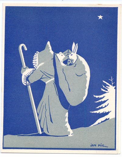 Käsinvärjätty ranskalainen Pochoir-joulukortti, jossa on silhoutteinen joulupukki, joka kävelee kepin kanssa ja kantaa säkkiä, jossa on jänis ja karhu, noin 1920 (sabluunakuvio). tekijältä English School