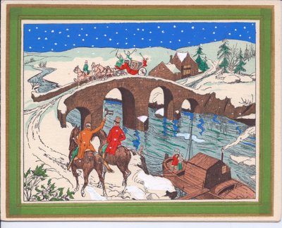 Käsinvärinen ranskalainen pochoir-joulukortti vaunusta, jonka piirtävät hevoset ylittävät sillan ja hevosmiehet nostavat hattuaan tervehdyksenä, noin 1920 tekijältä English School