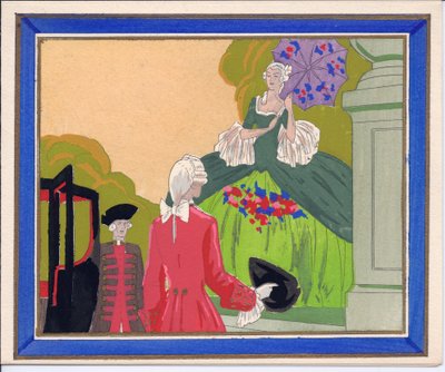 Käsinvärjätty ranskalainen Pochoir-tervehdyskortti, jossa parrakas mies ja lakeija odottavat, että ylhäinen rouva astuu vaunuihinsa, noin 1920 (stensiili). tekijältä English School