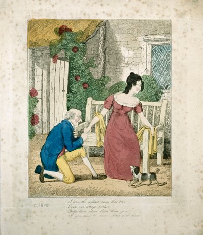 Käsin värjätty litografoitu kohtaus miehestä kosimassa, n. 1800 tekijältä English School