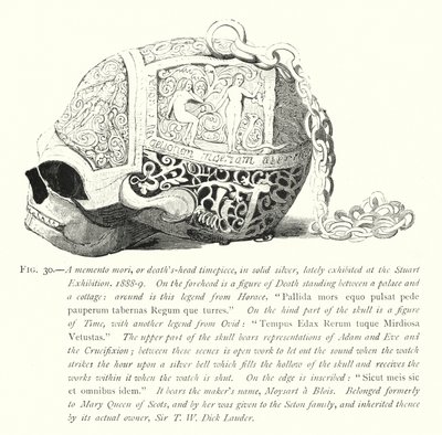 Stuart-näyttelyssä äskettäin esillä ollut memento mori eli kuolemanpääkello, kiinteä hopea tekijältä English School