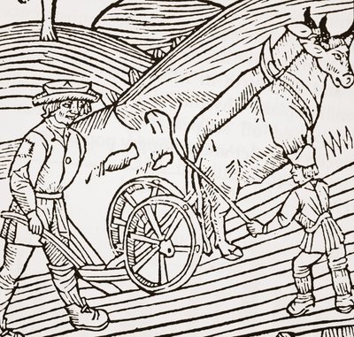 Auraan kiinnitetty härkäpari, otsikkosivu John Fitzherberts Boke of Husbandrysta, ensimmäinen pubi. 1523 tekijältä English School