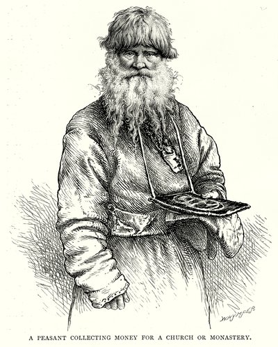 Talonpoika kerää rahaa kirkolle tai luostarille (kaiverrus). tekijältä English School