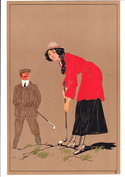 Printti kahdesta golfaajasta koomissa ja humoristisissa asennoissa, n. 1920 tekijältä English School