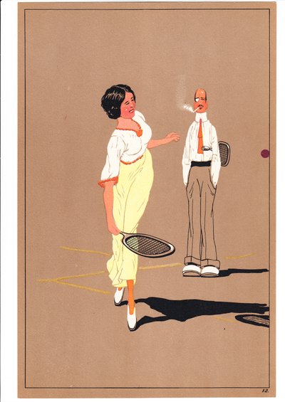 Vetos kahdesta tennispelaajasta koomisissa ja humoristisissa asennoissa, n. 1920 tekijältä English School