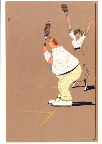 Vetos kahdesta tennispelaajasta koomisissa ja humoristisissa asennoissa, n. 1920 tekijältä English School