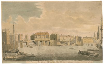 Näkymä Old London Bridgelle ennen muutoksia, kuten vuonna 1757 tekijältä English School