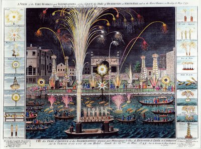 Näkymä Richmondin herttuan ilotulituksesta ja valaistuksesta White-hallissa ja Thames-joella maanantaina 15. toukokuuta 1749 (käsin väritetty kaiverrus). tekijältä English School