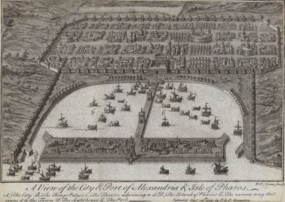 Näkymä Aleksandrian kaupunkiin ja satamaan sekä Pharoksen saarelle, Egyptiin, 1738 tekijältä English School