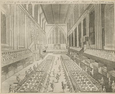 Näkymä Guildhallin sisältä sellaisena kuin se oli Lord Mayors Day -päivänä vuonna 1761 tekijältä English School
