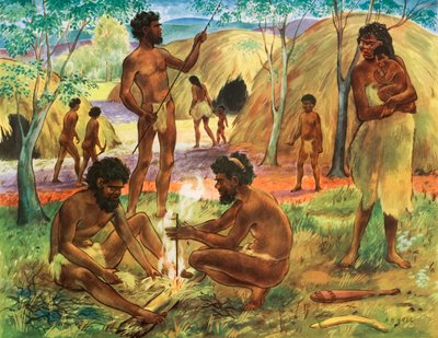 Aboriginaalit tekemässä tulta (värilitografia) tekijältä English School