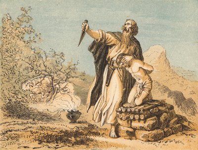 Abraham uhraa Iisakin (värillinen kaiverrus) tekijältä English School