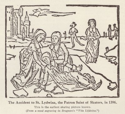 Onnettomuus St Lydwinalle, luistelijoiden suojeluspyhimykselle, vuonna 1396 (litho) tekijältä English School