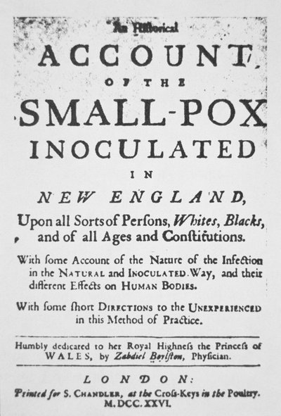 "Account of the Small Pox inokulated in New England", pamfletti julkaistu Lontoossa (muste paperille) tekijältä English School