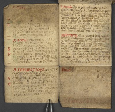 Lisätä. 17367, f.10r Almanakista, joka sisältää taulukon dominikaalisista kirjaimista ja kultaisista numeroista; ohjeet liikkuvien juhlien löytämiseen; pyhien kalenteri, aikakaudet, luettelo Englannin hallitsijoista, sääennusteet, horoskooppimerkkien vaiku tekijältä English School