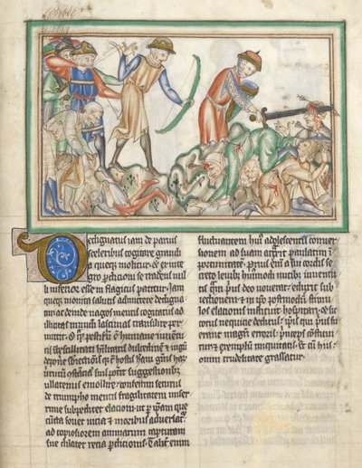 Lisää 35166 f.35 Ihmisiä tapetaan, Raamatun kohtauksia Pyhän Johanneksen maailmanlokasta, Apocalypse latinaksi kommenteilla (muste ja väri perhokalvolla) tekijältä English School