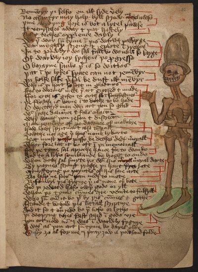Lisää 37049 f.32 Marginaalikuva virnistävästä luurangosta, joka heiluttaa ja käyttää pitkää hattua. Havainnollistaa "Makabren aamunkoittoa" n. 1460-1500 (muste ja väri tarranauhalla) tekijältä English School