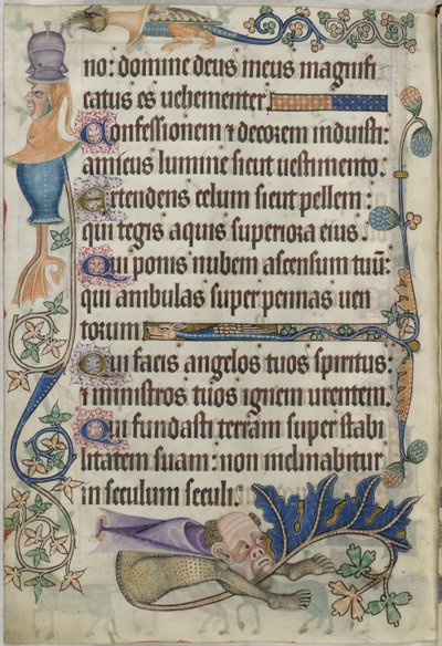 Lisätä. 42130, f.182v Psalmi 103, groteskeilla, "Luttrell Psalter", n. 1325-35 (vellum) tekijältä English School
