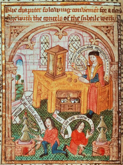 Lisää MS 10302 f.37v Alchemy Master valmistaa ainesosia, Thomas Nortonin "The Ordinal of Alchemy", c.1477 (vellum) tekijältä English School