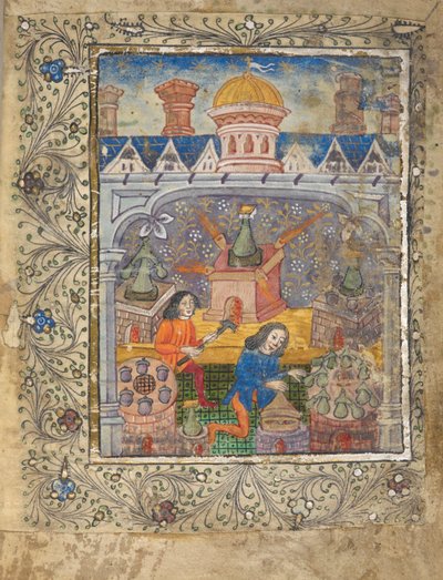 Lisää MS 10302 f.37v f. 1r Seitsemän sammutusuunia, kahden miehen hoidossa, katon alla, jossa on kupoli ja savupiiput, n. 1477 (vellum) tekijältä English School