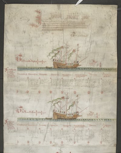 Lisää MS 22047 f.1r, The galleass Grand Mistress ja Anne Gallant, "The Anthony Roll" tekijältä English School