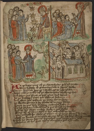 Lisää MS 37049, f.22 The Carthusian Miscellany (uskonnollinen proosa ja säkeet) pohjoisen englanniksi, mukaan lukien tiivistelmä Mandevillen matkoista (muste ja väri paperille) tekijältä English School