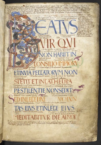 Lisää MS 37517, f. 4r, Beatus-initiaali (Beatus vir), joka aloittaa Psalmien kirjan "Bosworth Psalterista" (vellum) tekijältä English School
