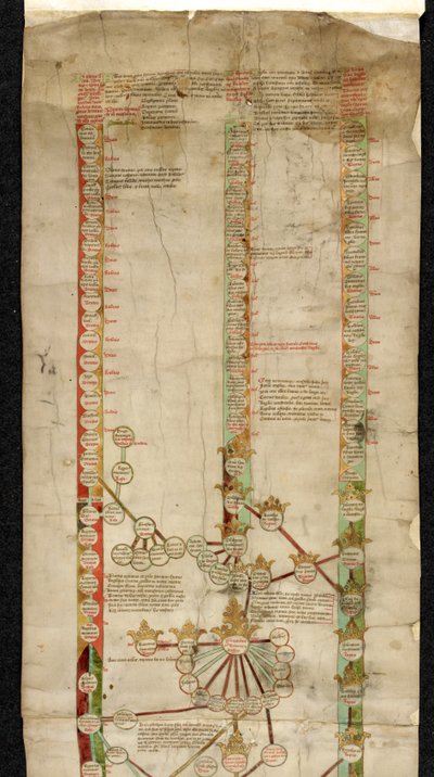 Lisäjulkaisu MS 18268 A, Edward neljännen Englannin sukututkimus, jossa näkyy hänen tittelinsä Walesin, Ranskan ja Englannin kruunuihin kolmella polveutumisrivillä. tekijältä English School