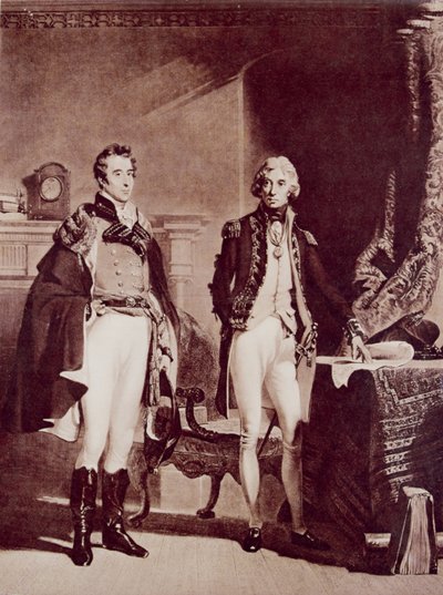 Amiraali Nelson (1758-1805) eversti Sir Arthur Wellesleyn (1769-1852) Wellingtonin herttuan kanssa tekijältä English School