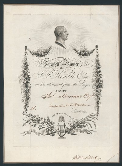 Pääsylippu illalliselle John Kemblesin jäähyväisten kunniaksi lavalle, 1819 tekijältä English School