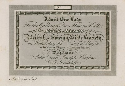 Pääsylippu vuosittaiseen ulkomaiseen raamattuyhdistykseen Freemasons Hallissa tekijältä English School