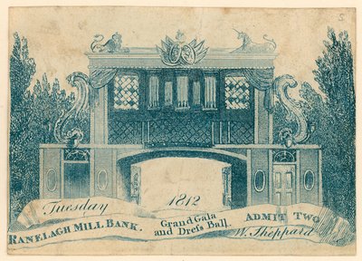 Pääsylippu suureen gaalaan ja pukuballiin Ranelagh Gardensissa, Millbankissa, Lontoossa. 1812 tekijältä English School