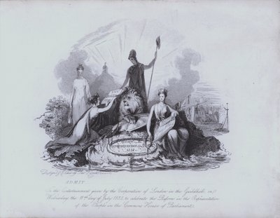 Pääsylippu Guildhall-viihteeseen, jonka tarjoaa Corporation of the City of the London juhlistamaan alahuoneen vuoden 1832 Great Reform Act -lain hyväksymistä (etsaus) tekijältä English School