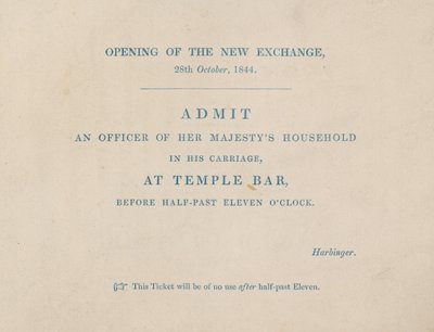 Pääsylippu uuden Royal Exchangen avajaisiin Lontoossa 29. lokakuuta 1844 tekijältä English School