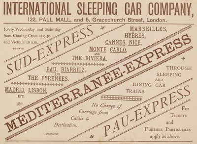 Mainos International Sleeping Car Company, 122 Pall Mall ja 5 Graceshurch Street, 1888 tekijältä English School