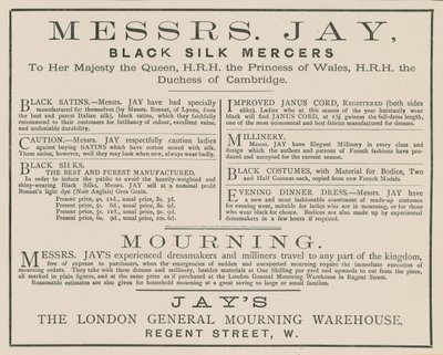 Mainos herra Jaysta, The London General Mourning Warehouse, Regent Street tekijältä English School