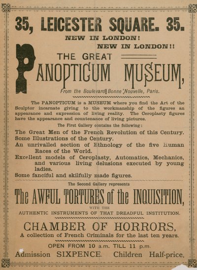 Mainos The Great Panopticum Museumista, 35 Leicester Square, Lontoo, 1854 tekijältä English School