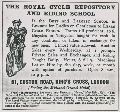 Mainos Royal Cycle Repositorysta ja ratsastuskoulusta tekijältä English School