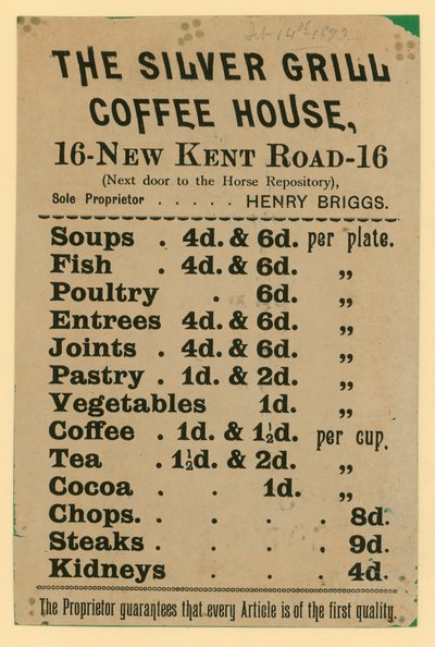 Mainos yrityksestä The Silver Grill Coffee House, 16 New Kent Road, Lontoo tekijältä English School