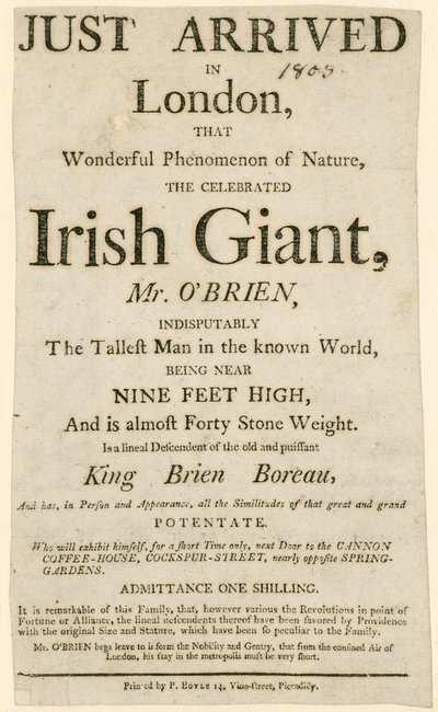 Mainos Charles Byrnen, alias OBrienin Irlannin jättiläisen, esiintymisestä, tunnetun maailman pisimmän miehen tekijältä English School